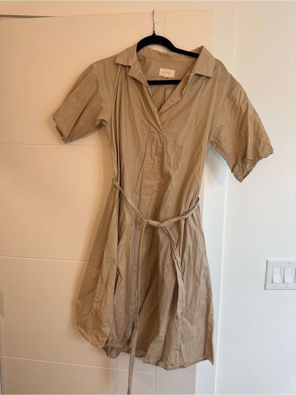 MELLODAY Tan Short-Sleeve Shirt Midi Dress with Tie Waist